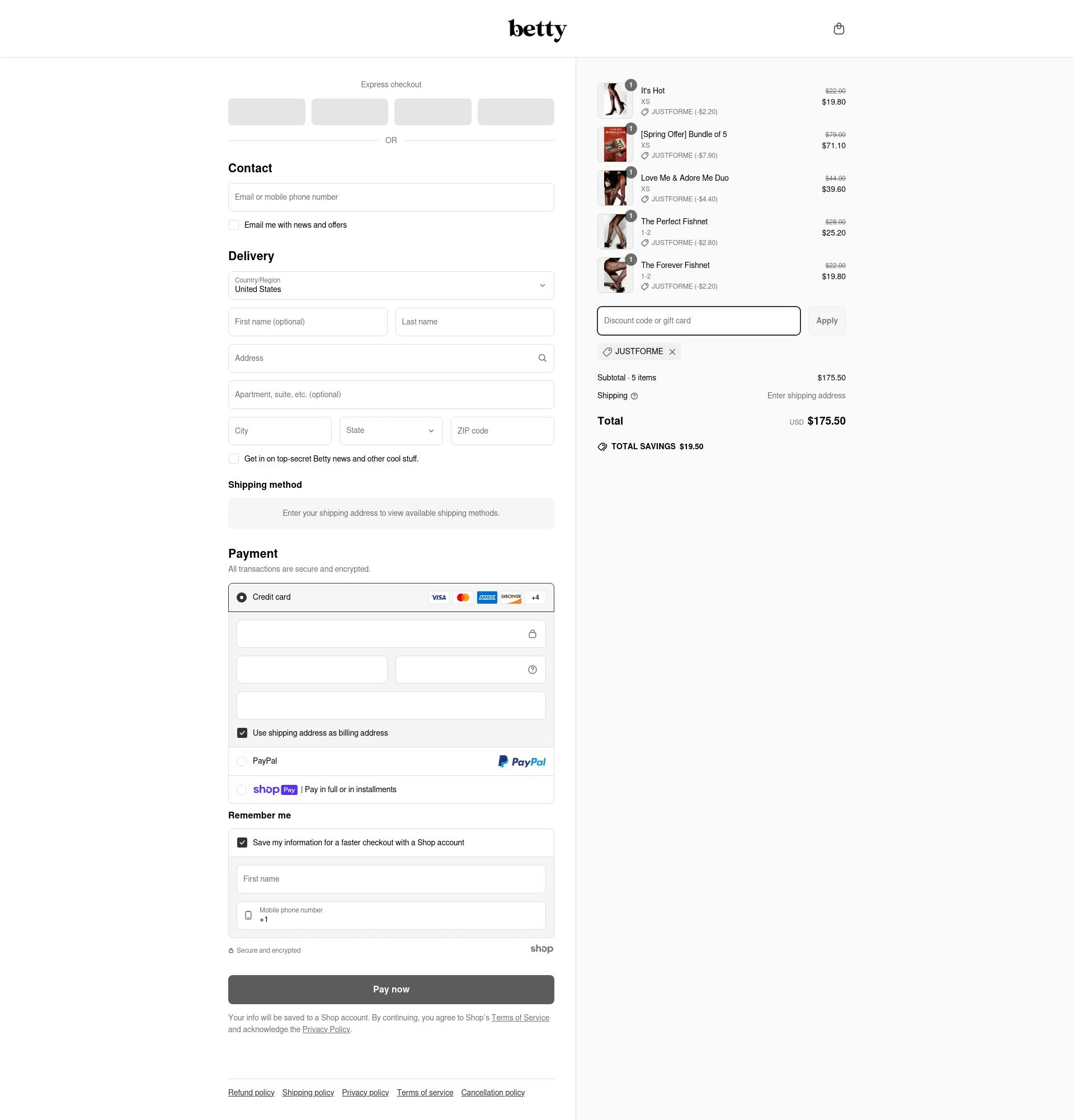 Betty checkout page showing Betty promo code box | Screenshot taken by SimplyCodes community member on Apr 27, 2025