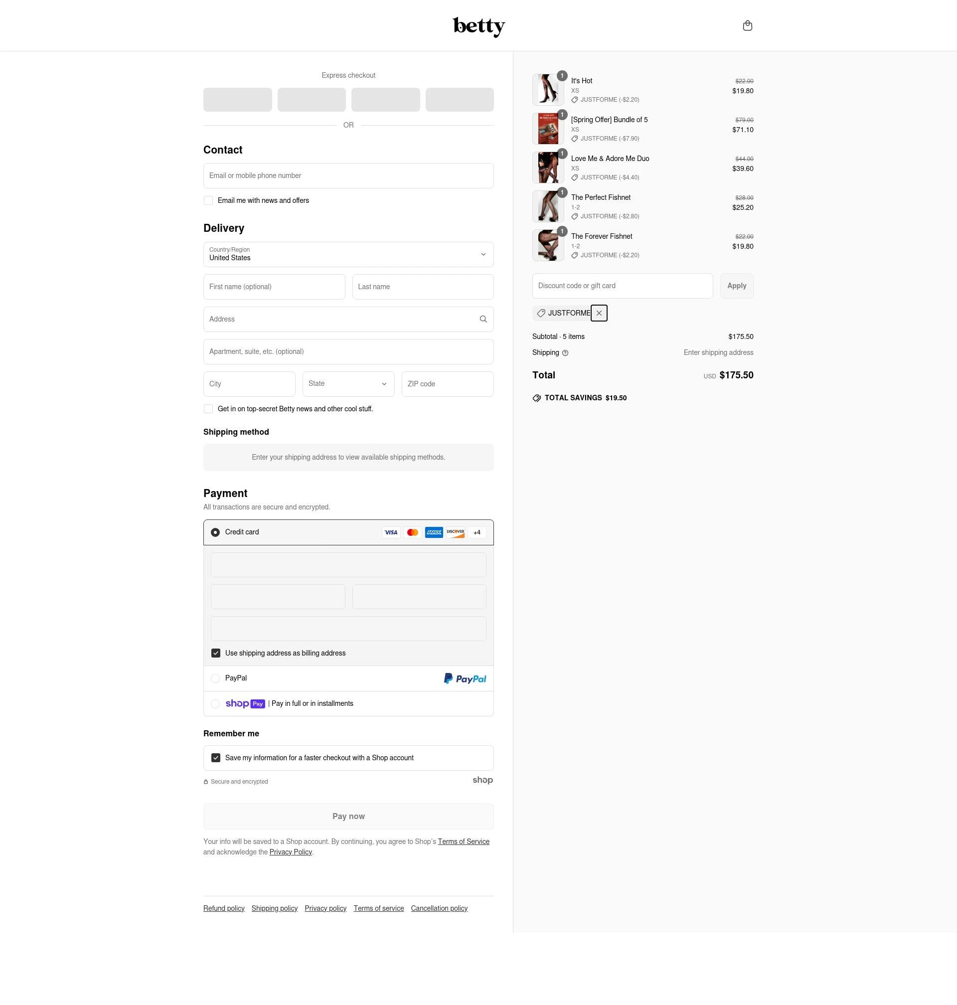 Betty checkout page showing Betty promo code box | Screenshot taken by SimplyCodes community member on Apr 9, 2025