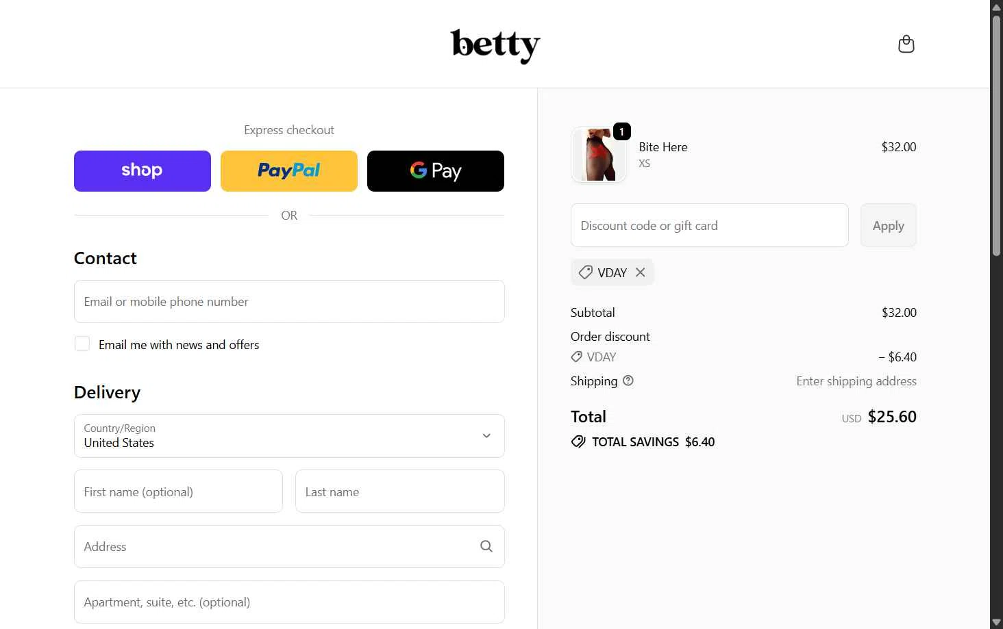 Betty checkout page showing Betty promo code box | Screenshot taken by SimplyCodes community member on Feb 8, 2026