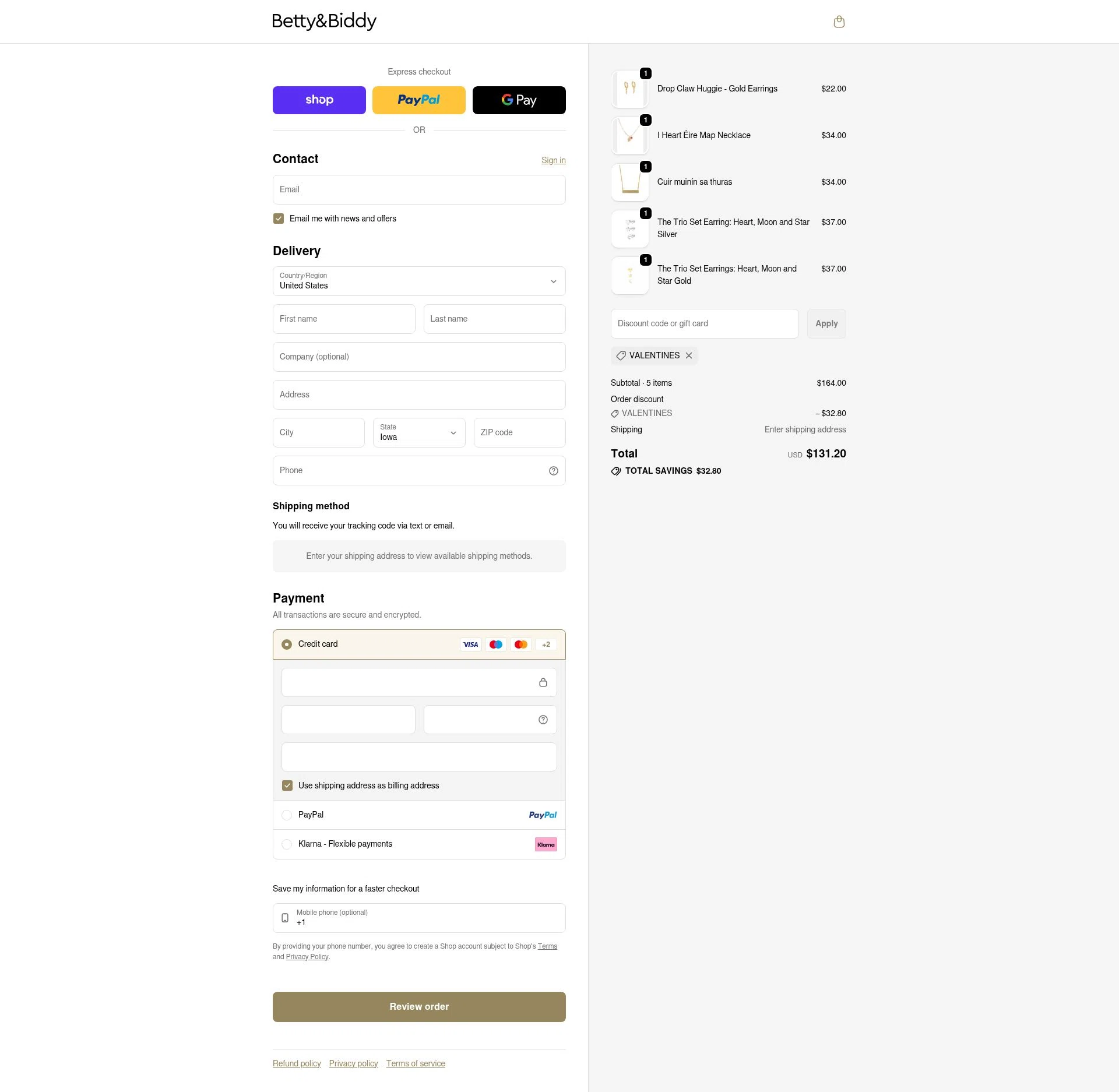 Betty and Biddy checkout page showing Betty and Biddy discount code box | Screenshot taken by SimplyCodes community member on Feb 9, 2026