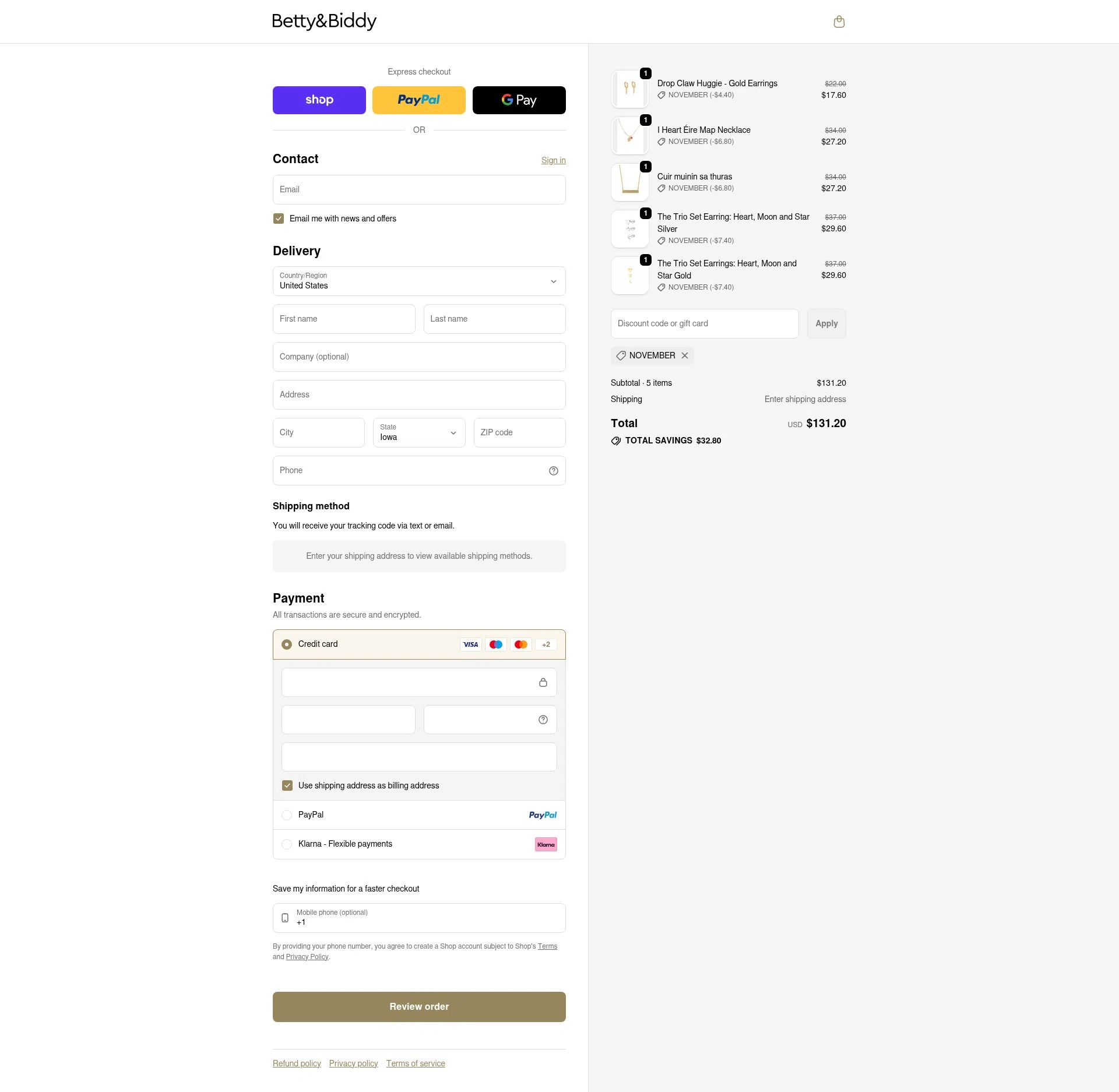 Betty and Biddy checkout page showing Betty and Biddy discount code box | Screenshot taken by SimplyCodes community member on Feb 9, 2026