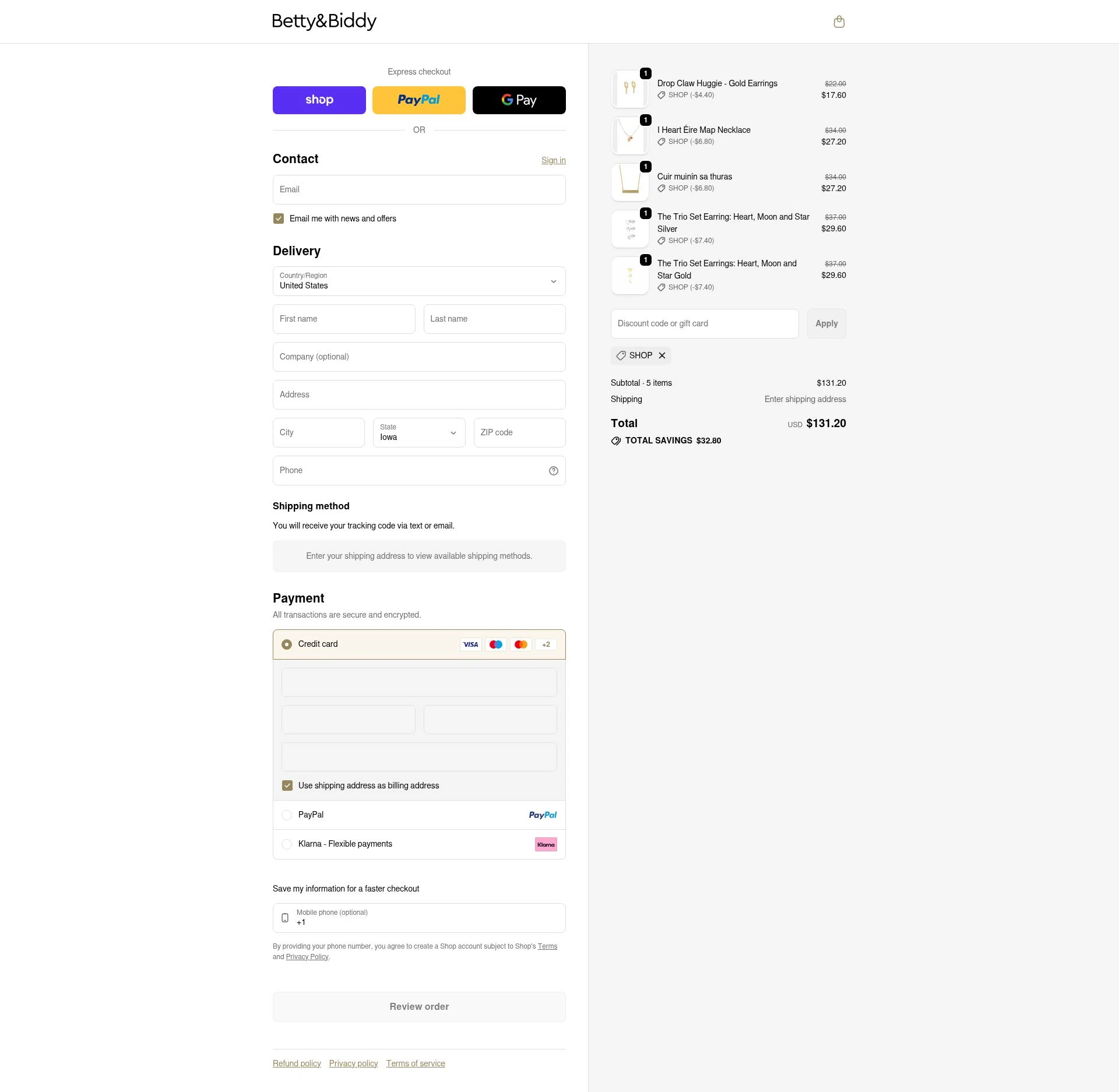 Betty and Biddy checkout page showing Betty and Biddy discount code box | Screenshot taken by SimplyCodes community member on Feb 9, 2026