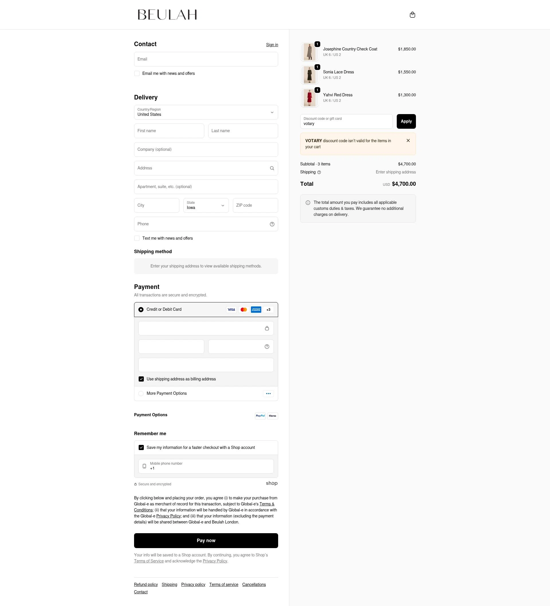 Beulah London checkout page showing Beulah London promo code box | Screenshot taken by SimplyCodes community member on Nov 22, 2025
