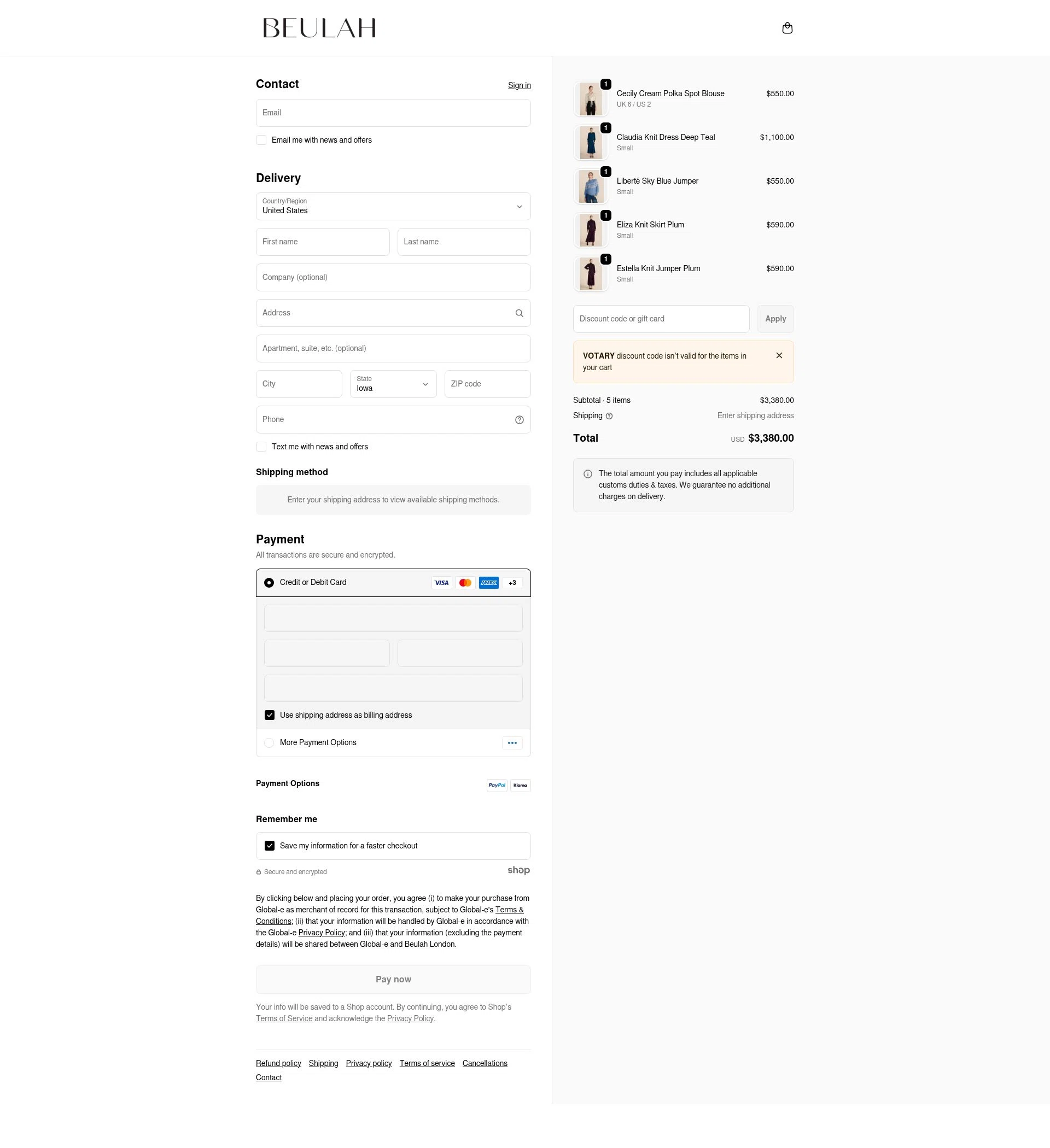 Beulah London checkout page showing Beulah London promo code box | Screenshot taken by SimplyCodes community member on Dec 26, 2025