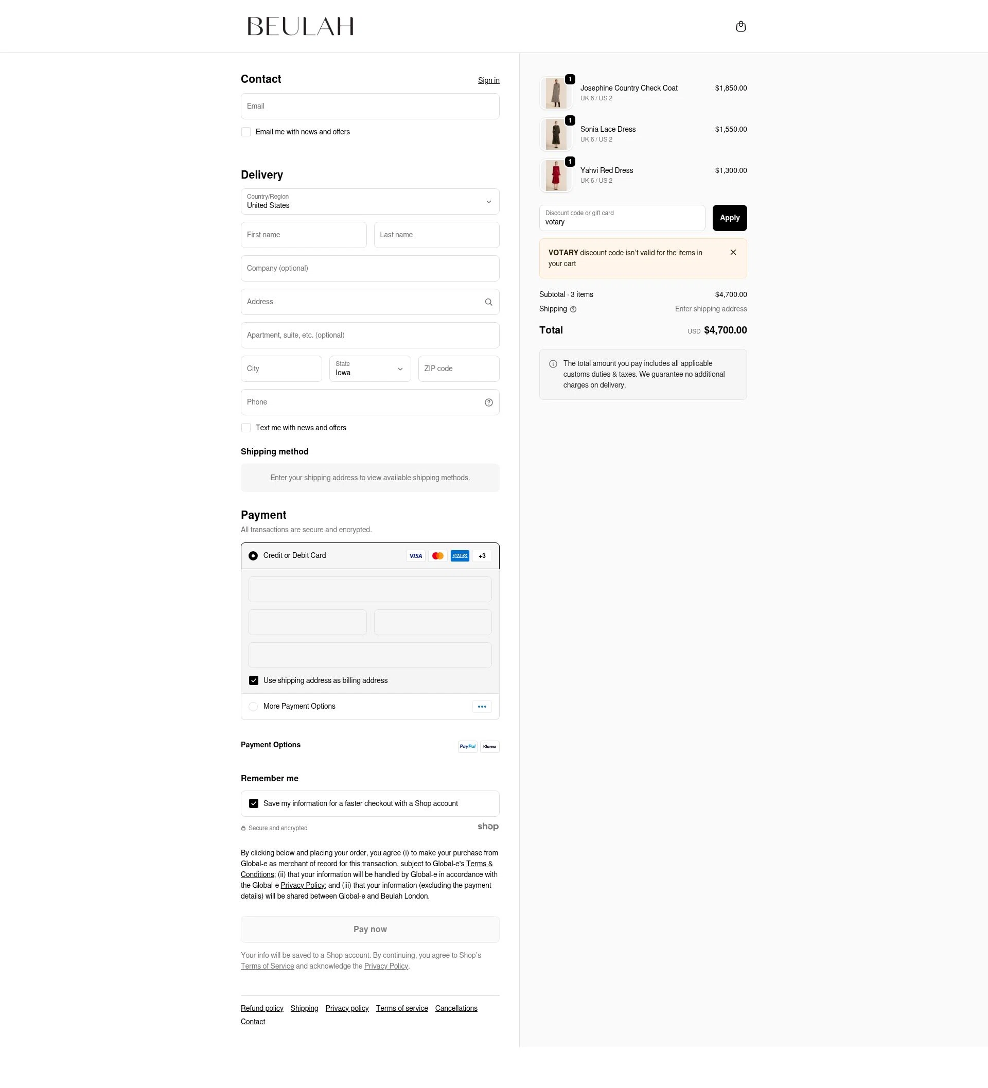 Beulah London checkout page showing Beulah London promo code box | Screenshot taken by SimplyCodes community member on Dec 3, 2025