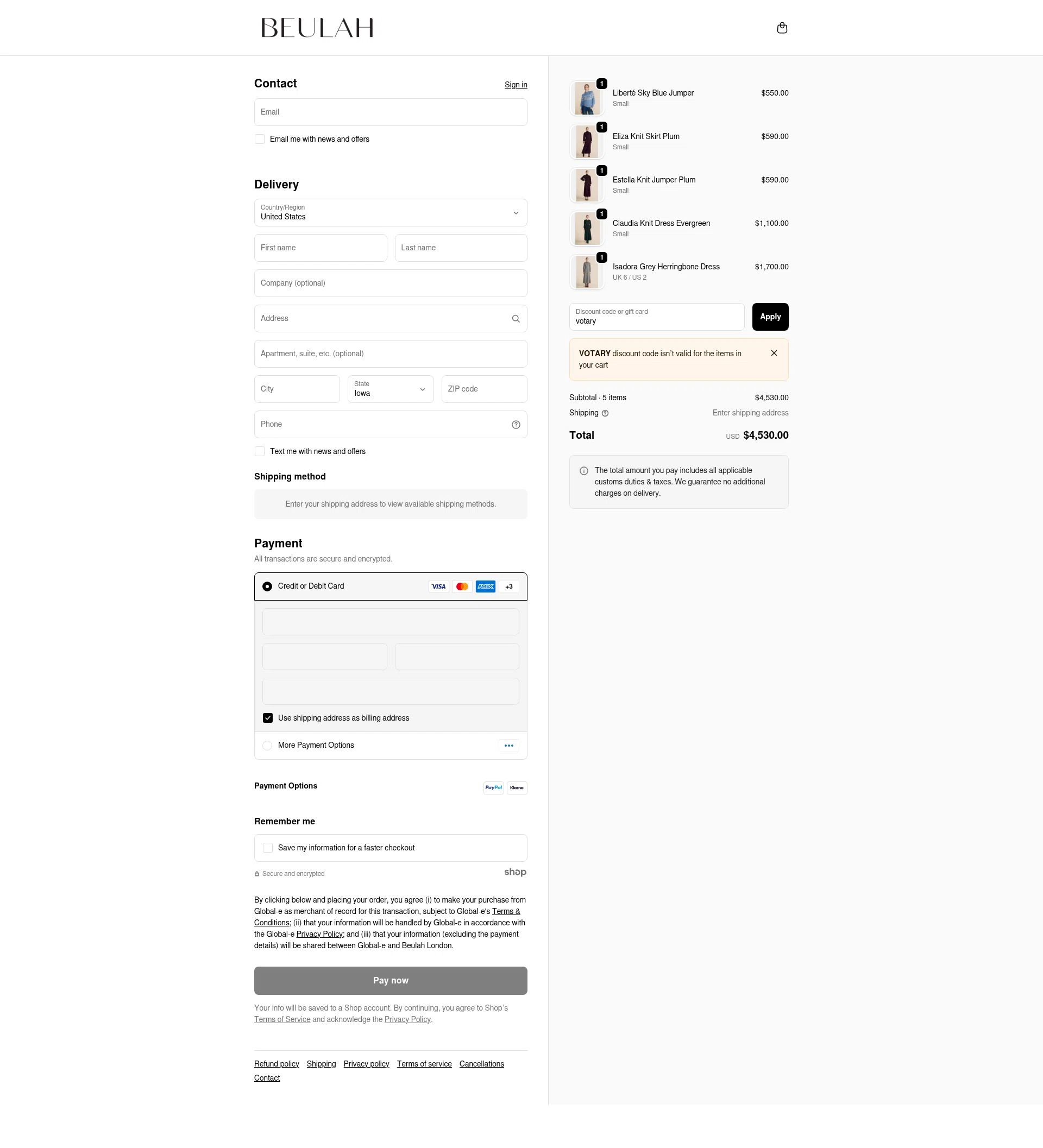 Beulah London checkout page showing Beulah London promo code box | Screenshot taken by SimplyCodes community member on Dec 14, 2025