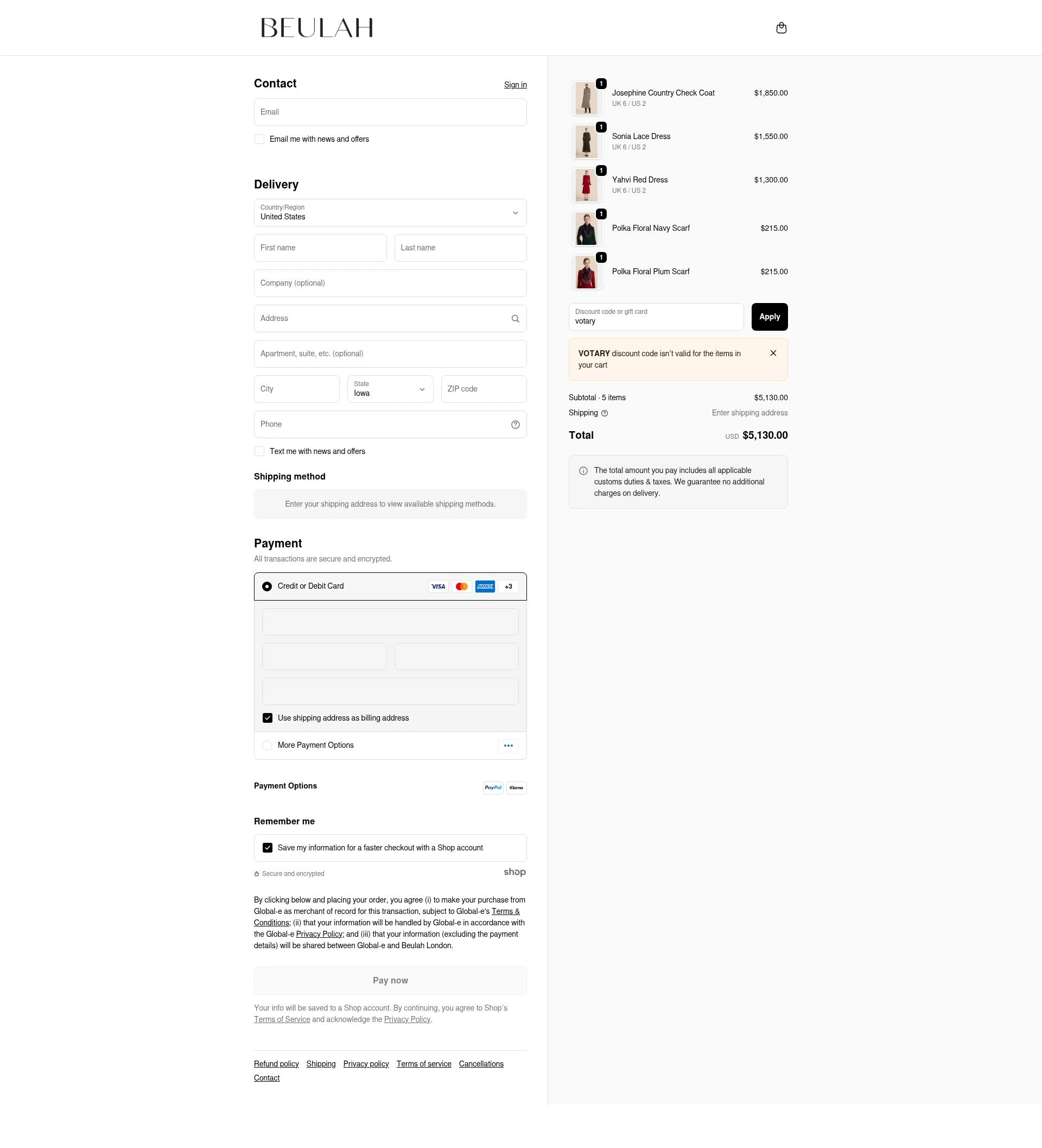 Beulah London checkout page showing Beulah London promo code box | Screenshot taken by SimplyCodes community member on Nov 17, 2025