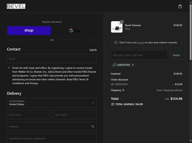 Bevel checkout page showing Bevel promo code box | Screenshot taken by SimplyCodes community member on Sep 3, 2025