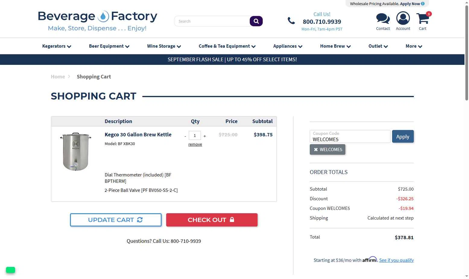 Beverage Factory checkout page showing Beverage Factory coupon code box | Screenshot taken by SimplyCodes community member on Sep 12, 2025