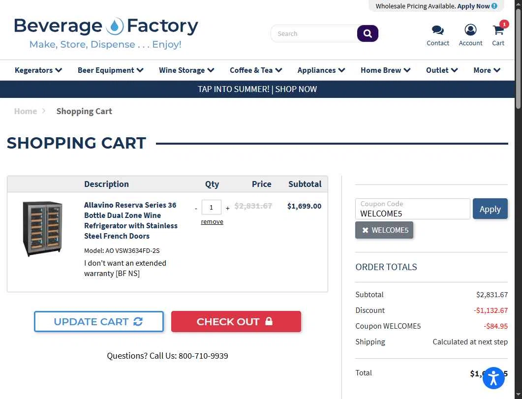 Beverage Factory checkout page showing Beverage Factory coupon code box | Screenshot taken by SimplyCodes community member on Jul 9, 2025