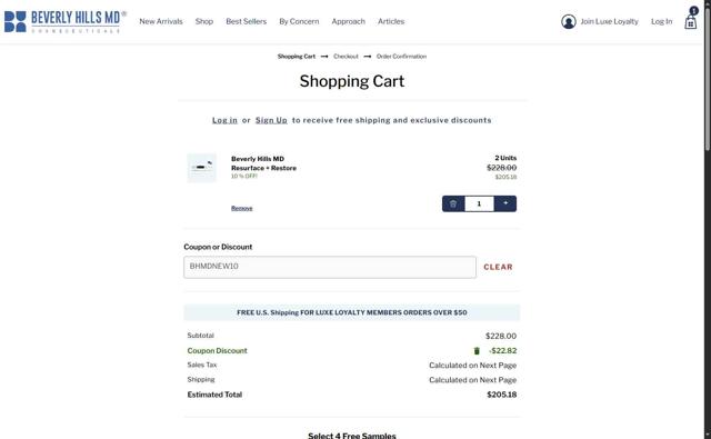 Beverly Hills MD checkout page showing Beverly Hills MD coupon code box | Screenshot taken by SimplyCodes community member on Aug 20, 2025