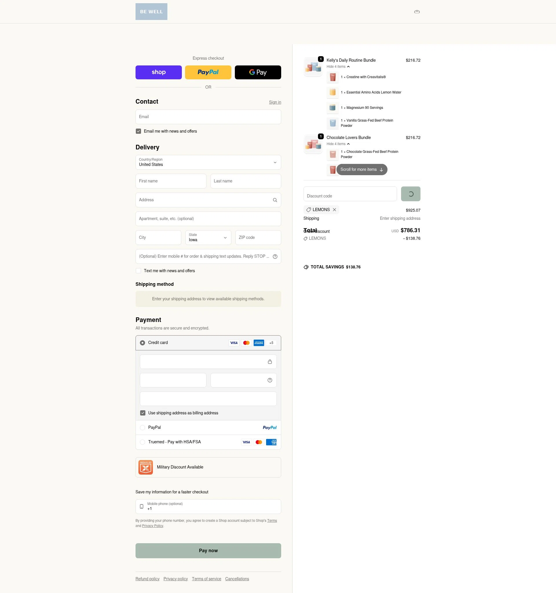 Be Well by Kelly checkout page showing Be Well by Kelly discount code box | Screenshot taken by SimplyCodes community member on Feb 9, 2026