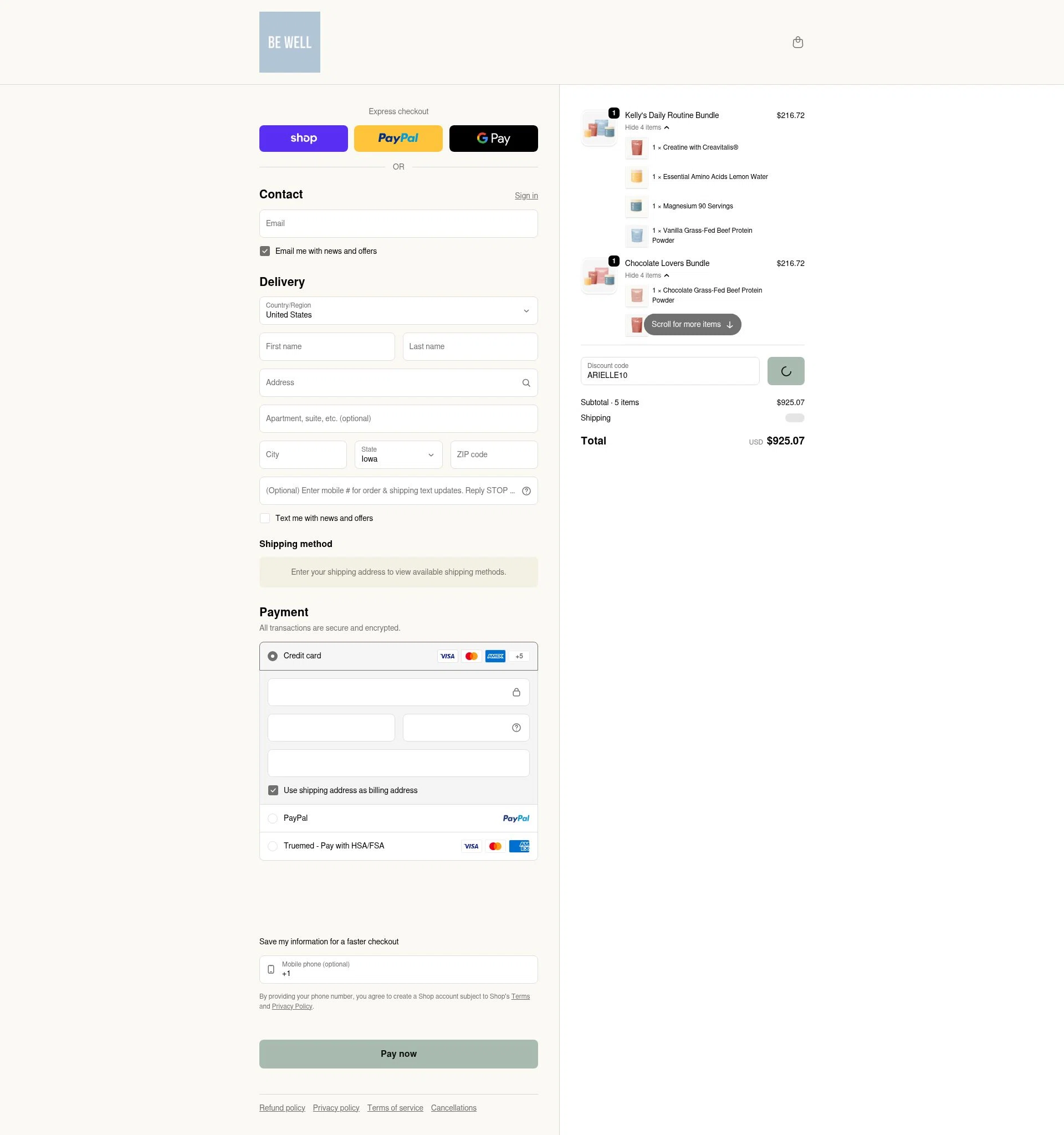 Be Well by Kelly checkout page showing Be Well by Kelly discount code box | Screenshot taken by SimplyCodes community member on Feb 9, 2026