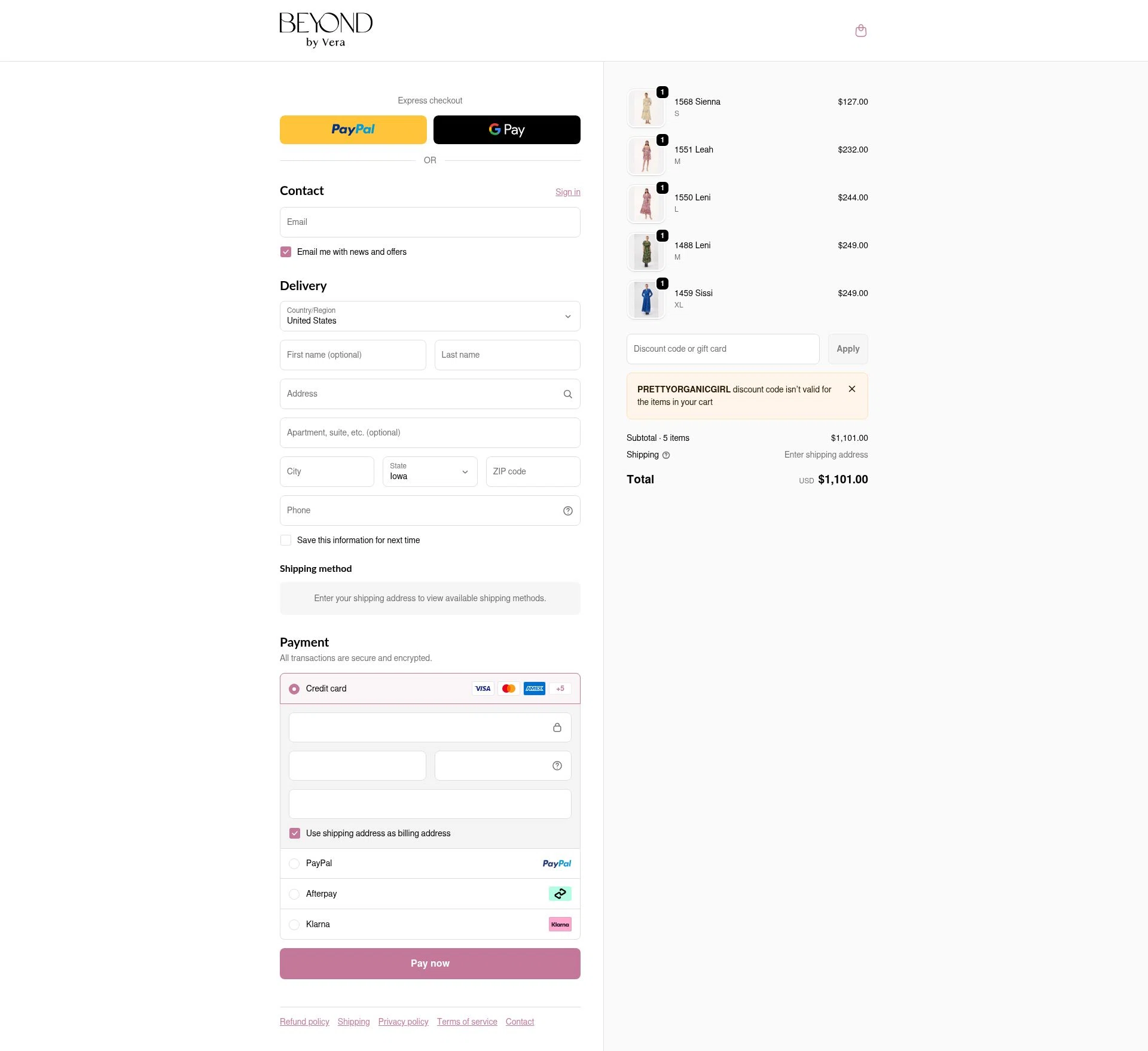 Beyond by Vera checkout page showing Beyond by Vera promo code box | Screenshot taken by SimplyCodes community member on Dec 28, 2025