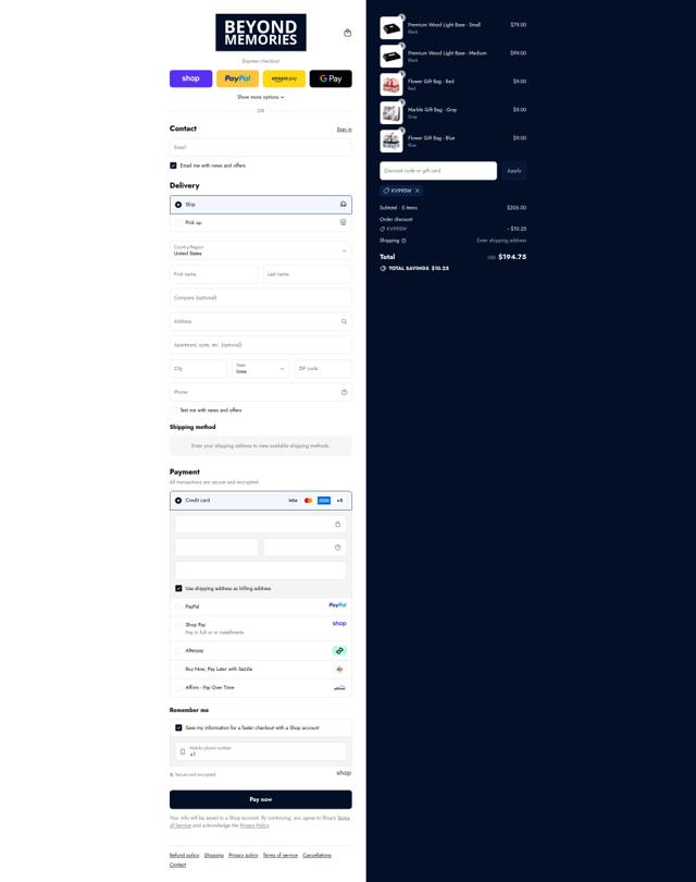 Beyond Memories checkout page showing Beyond Memories discount code box | Screenshot taken by SimplyCodes community member on Sep 13, 2025