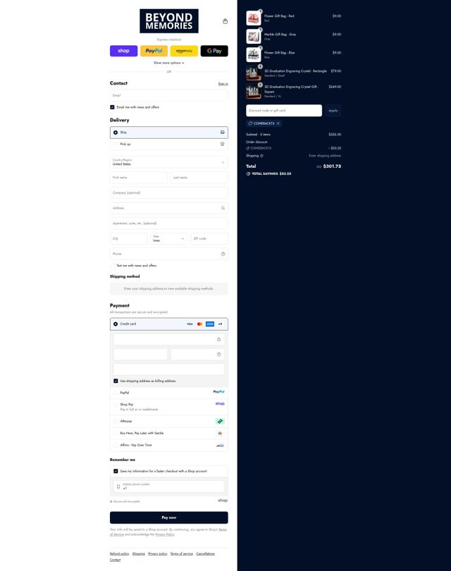 Beyond Memories checkout page showing Beyond Memories discount code box | Screenshot taken by SimplyCodes community member on Sep 10, 2025