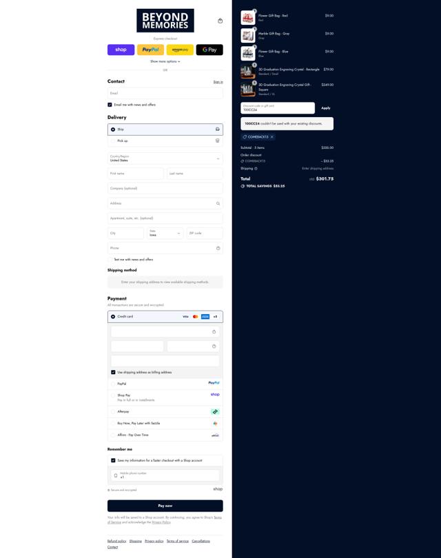 Beyond Memories checkout page showing Beyond Memories discount code box | Screenshot taken by SimplyCodes community member on Sep 10, 2025