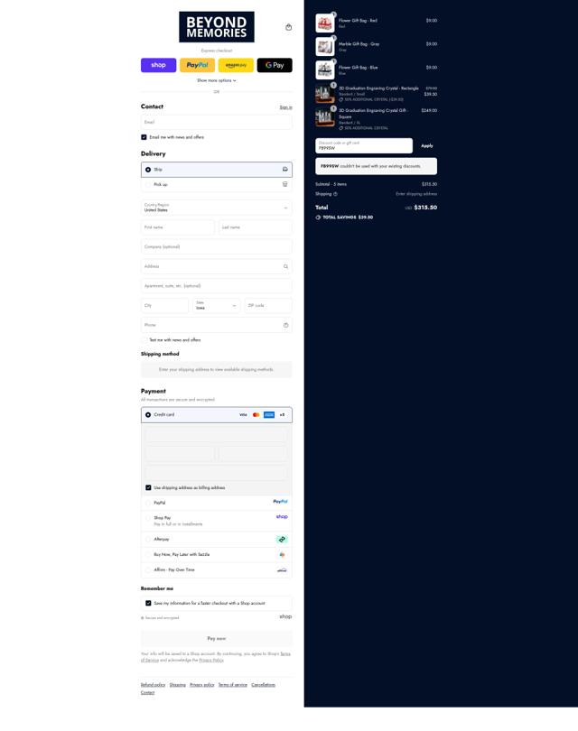 Beyond Memories checkout page showing Beyond Memories discount code box | Screenshot taken by SimplyCodes community member on Sep 10, 2025