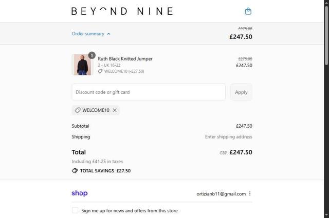Beyond Nine checkout page showing Beyond Nine discount code box | Screenshot taken by SimplyCodes community member on Sep 9, 2025