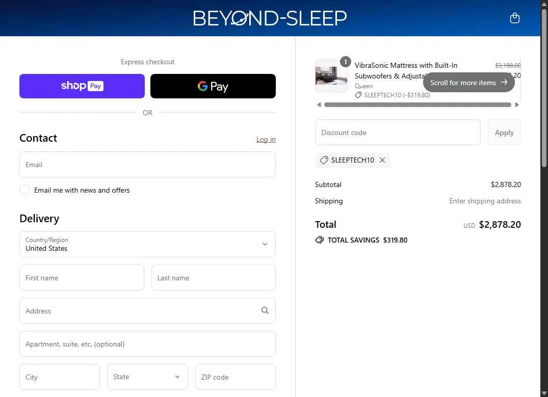 Beyond-Sleep checkout page showing Beyond-Sleep promo code box | Screenshot taken by SimplyCodes community member on Aug 7, 2025