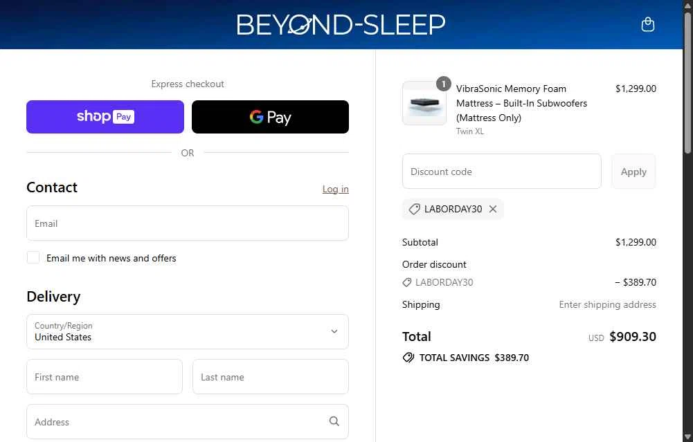 Beyond-Sleep checkout page showing Beyond-Sleep promo code box | Screenshot taken by SimplyCodes community member on Aug 26, 2025