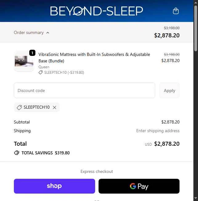 Beyond-Sleep checkout page showing Beyond-Sleep promo code box | Screenshot taken by SimplyCodes community member on Oct 22, 2025
