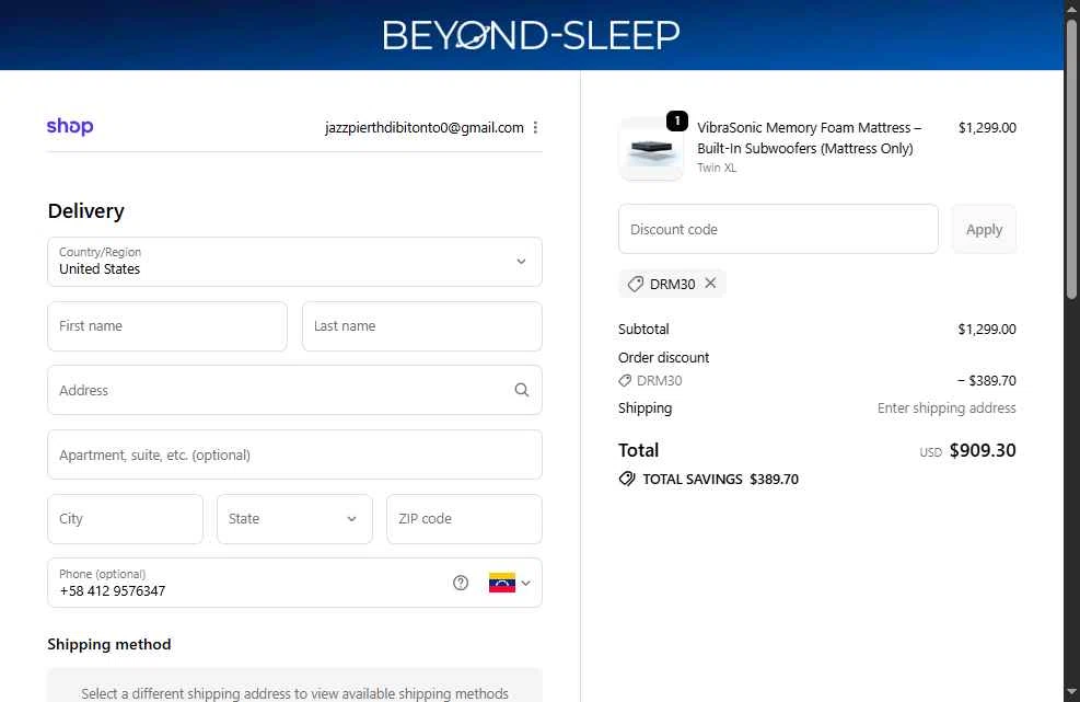 Beyond-Sleep checkout page showing Beyond-Sleep promo code box | Screenshot taken by SimplyCodes community member on Nov 3, 2025