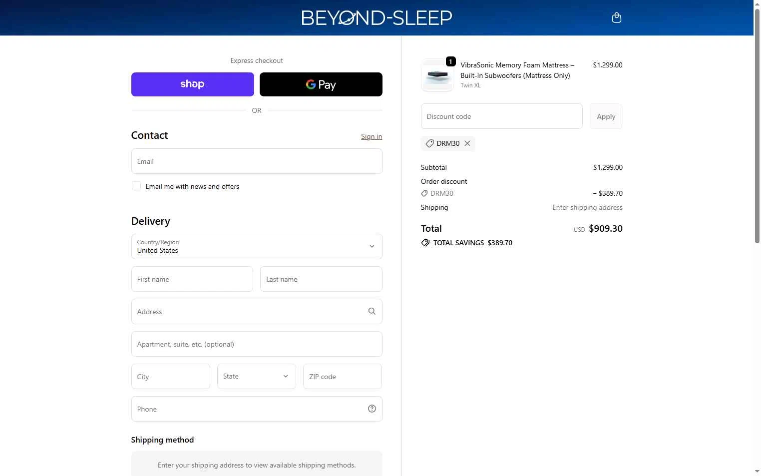 Beyond-Sleep checkout page showing Beyond-Sleep promo code box | Screenshot taken by SimplyCodes community member on Dec 2, 2025