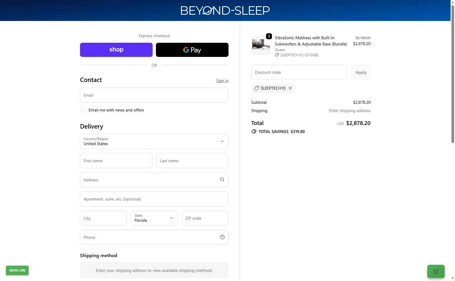 Beyond-Sleep checkout page showing Beyond-Sleep promo code box | Screenshot taken by SimplyCodes community member on Oct 4, 2025