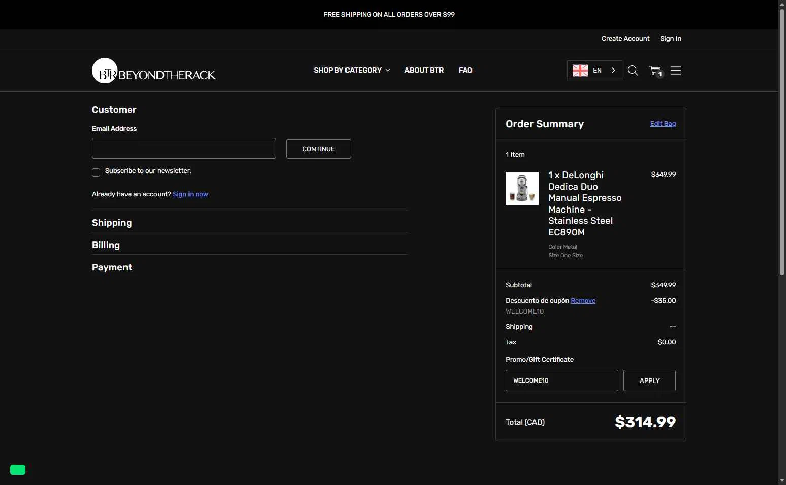 Beyond The Rack checkout page showing Beyond The Rack promo code box | Screenshot taken by SimplyCodes community member on Aug 11, 2025
