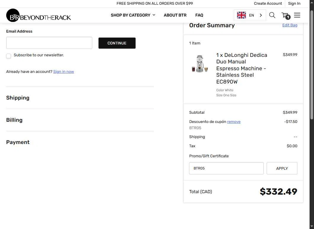 Beyond The Rack checkout page showing Beyond The Rack promo code box | Screenshot taken by SimplyCodes community member on Jun 5, 2025