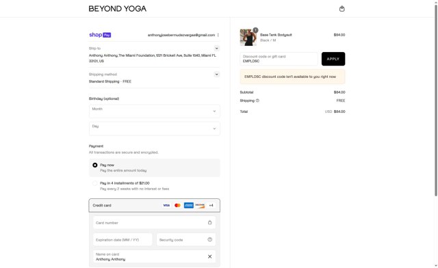 Beyond Yoga checkout page showing Beyond Yoga discount code box | Screenshot taken by SimplyCodes community member on Aug 24, 2025