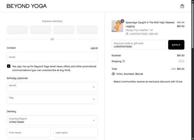 Beyond Yoga checkout page showing Beyond Yoga discount code box | Screenshot taken by SimplyCodes community member on Aug 28, 2025