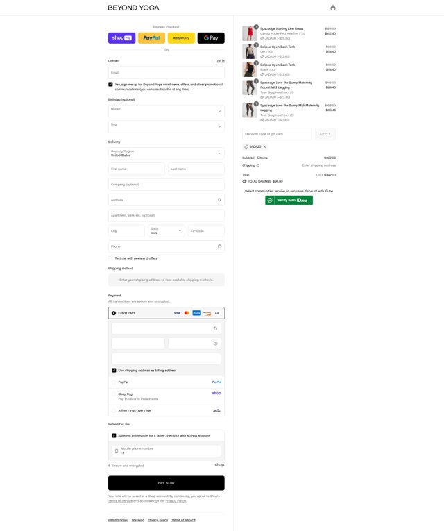 Beyond Yoga checkout page showing Beyond Yoga discount code box | Screenshot taken by SimplyCodes community member on Aug 16, 2025