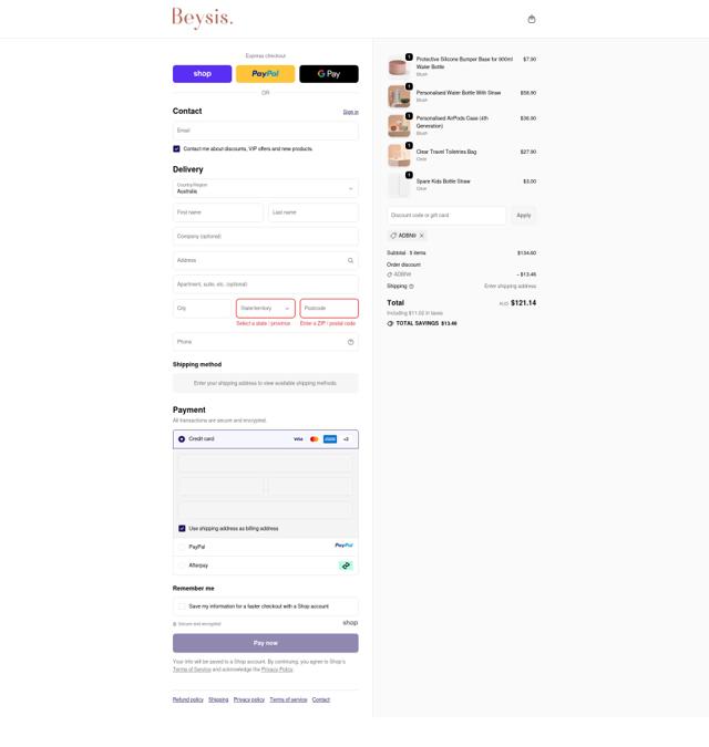 Beysis. checkout page showing Beysis. discount code box | Screenshot taken by SimplyCodes community member on Sep 23, 2025