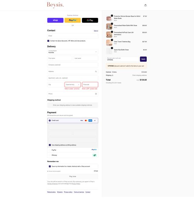 Beysis. checkout page showing Beysis. discount code box | Screenshot taken by SimplyCodes community member on Sep 23, 2025
