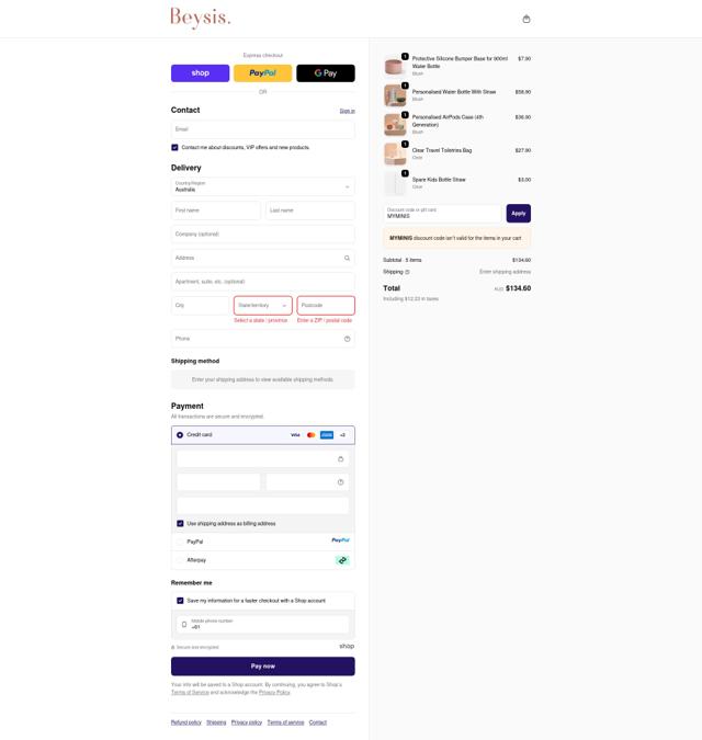 Beysis. checkout page showing Beysis. discount code box | Screenshot taken by SimplyCodes community member on Sep 23, 2025