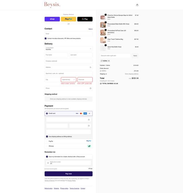 Beysis. checkout page showing Beysis. discount code box | Screenshot taken by SimplyCodes community member on Sep 23, 2025