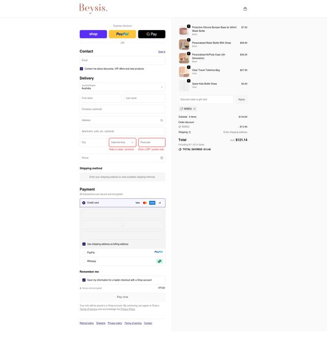 Beysis. checkout page showing Beysis. discount code box | Screenshot taken by SimplyCodes community member on Sep 23, 2025