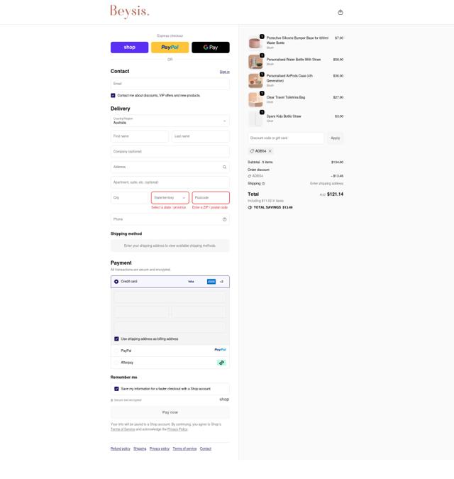Beysis. checkout page showing Beysis. discount code box | Screenshot taken by SimplyCodes community member on Sep 23, 2025