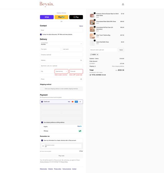 Beysis. checkout page showing Beysis. discount code box | Screenshot taken by SimplyCodes community member on Sep 23, 2025