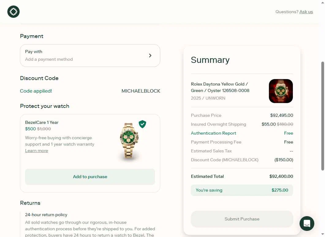 Bezel Watch checkout page showing Bezel Watch promo code box | Screenshot taken by SimplyCodes community member on Jun 29, 2025