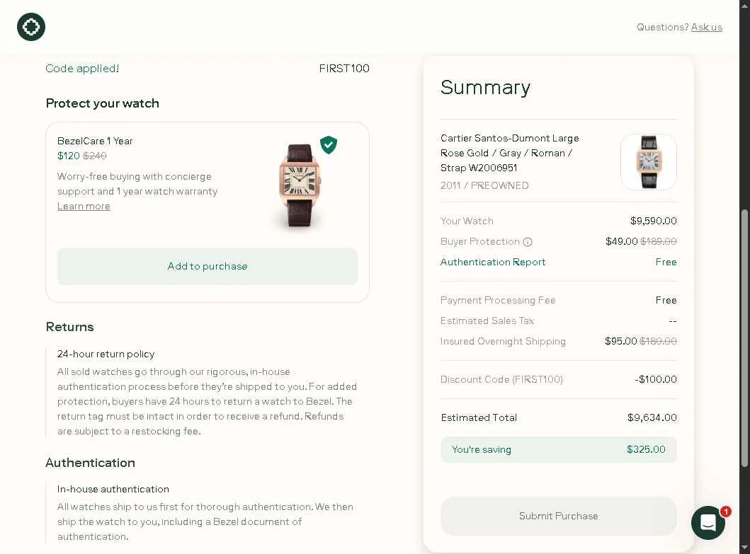 Bezel Watch checkout page showing Bezel Watch promo code box | Screenshot taken by SimplyCodes community member on Jan 30, 2026