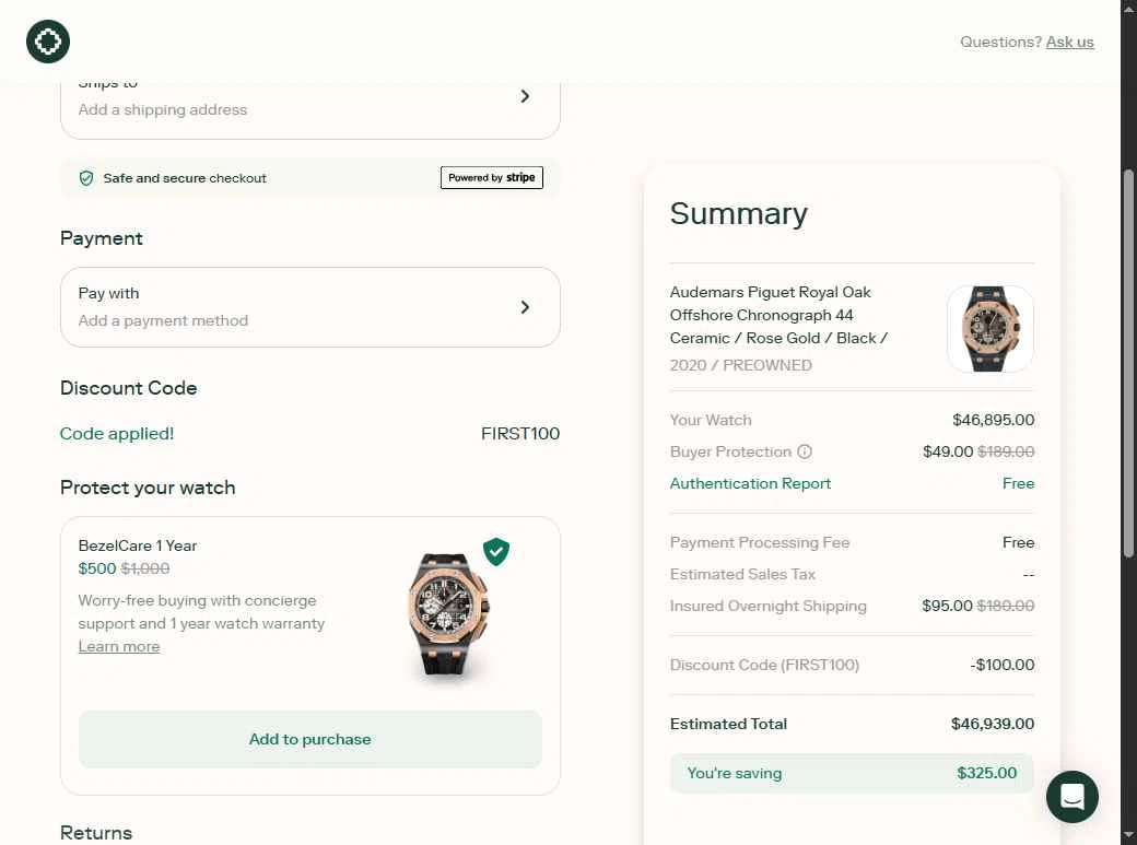 Bezel Watch checkout page showing Bezel Watch promo code box | Screenshot taken by SimplyCodes community member on Jan 30, 2026