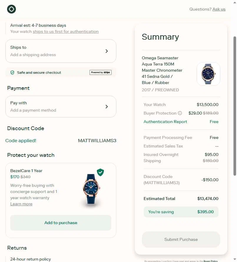Bezel Watch checkout page showing Bezel Watch promo code box | Screenshot taken by SimplyCodes community member on Dec 20, 2025