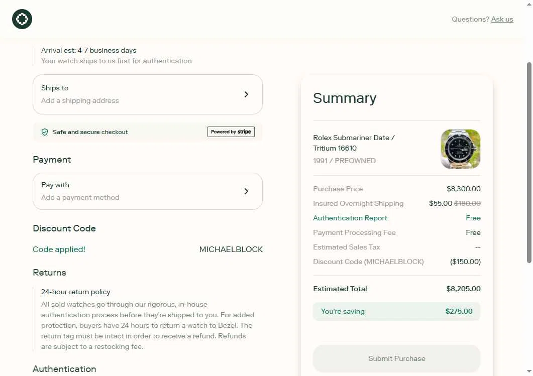 Bezel Watch checkout page showing Bezel Watch promo code box | Screenshot taken by SimplyCodes community member on Jul 28, 2025