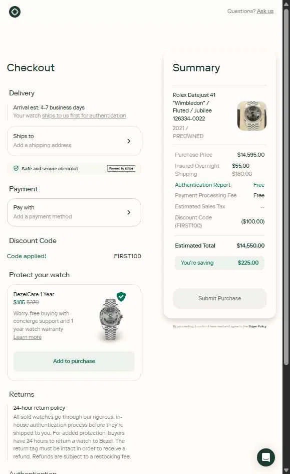 Bezel Watch checkout page showing Bezel Watch promo code box | Screenshot taken by SimplyCodes community member on Jun 16, 2025