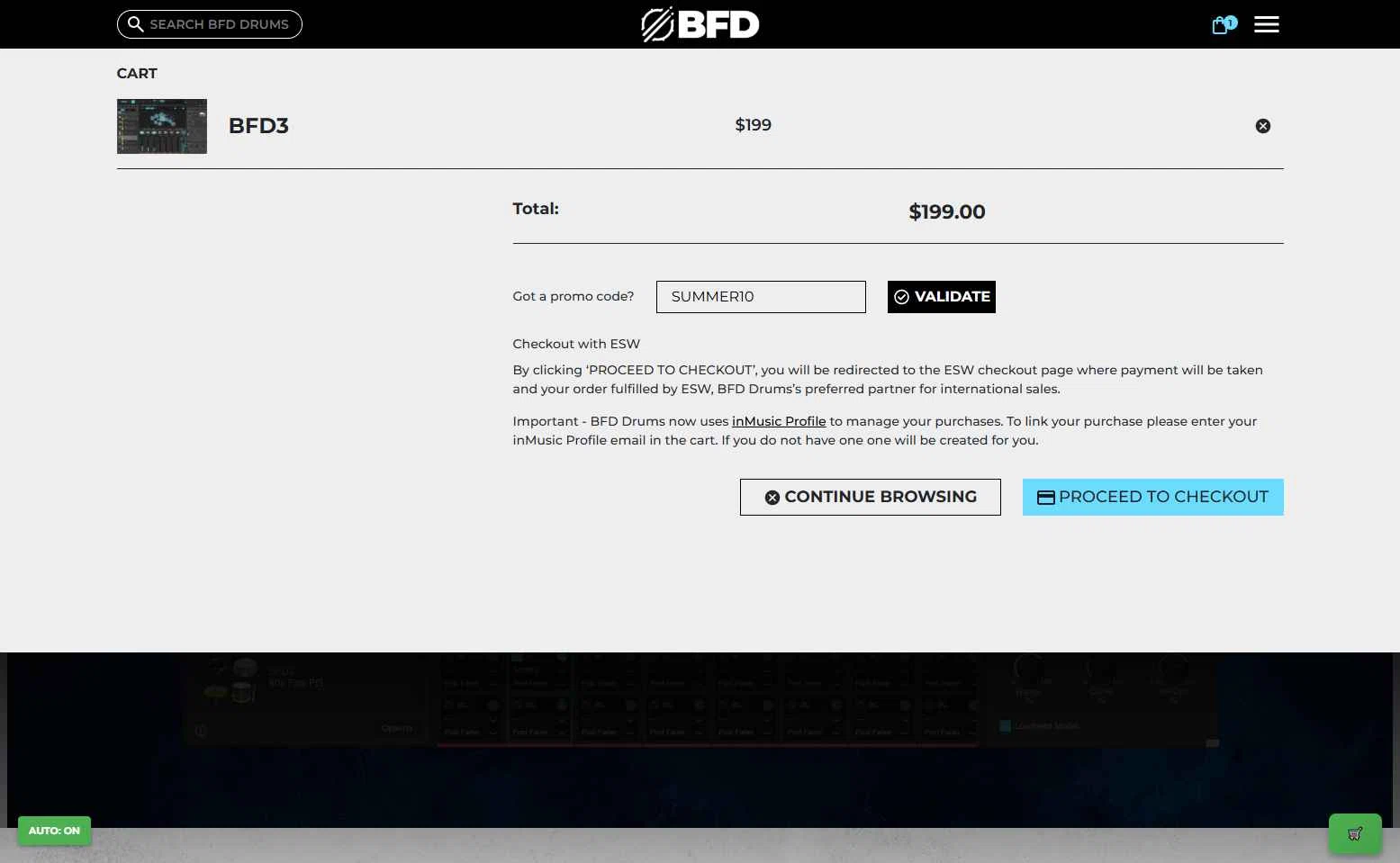 BFD Drums checkout page showing BFD Drums promo code box | Screenshot taken by SimplyCodes community member on Sep 20, 2025
