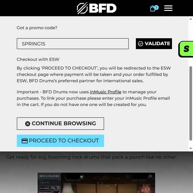 BFD Drums checkout page showing BFD Drums promo code box | Screenshot taken by SimplyCodes community member on Oct 28, 2025