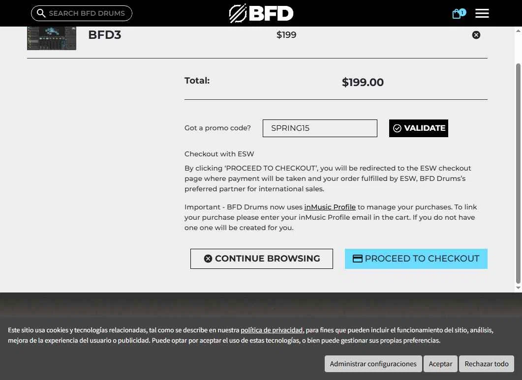 BFD Drums checkout page showing BFD Drums promo code box | Screenshot taken by SimplyCodes community member on Sep 8, 2025